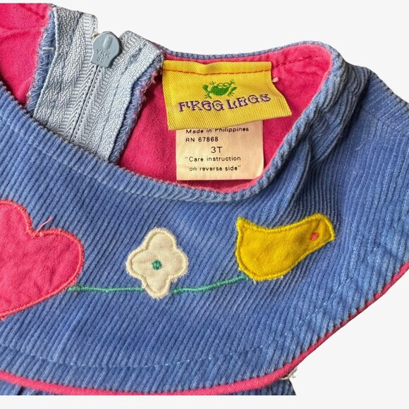 Frog Legs Toddler Corduroy Dress | Size 3T | Blue Sleeveless w/ Bird & Heart Ap - Picture 3 of 8